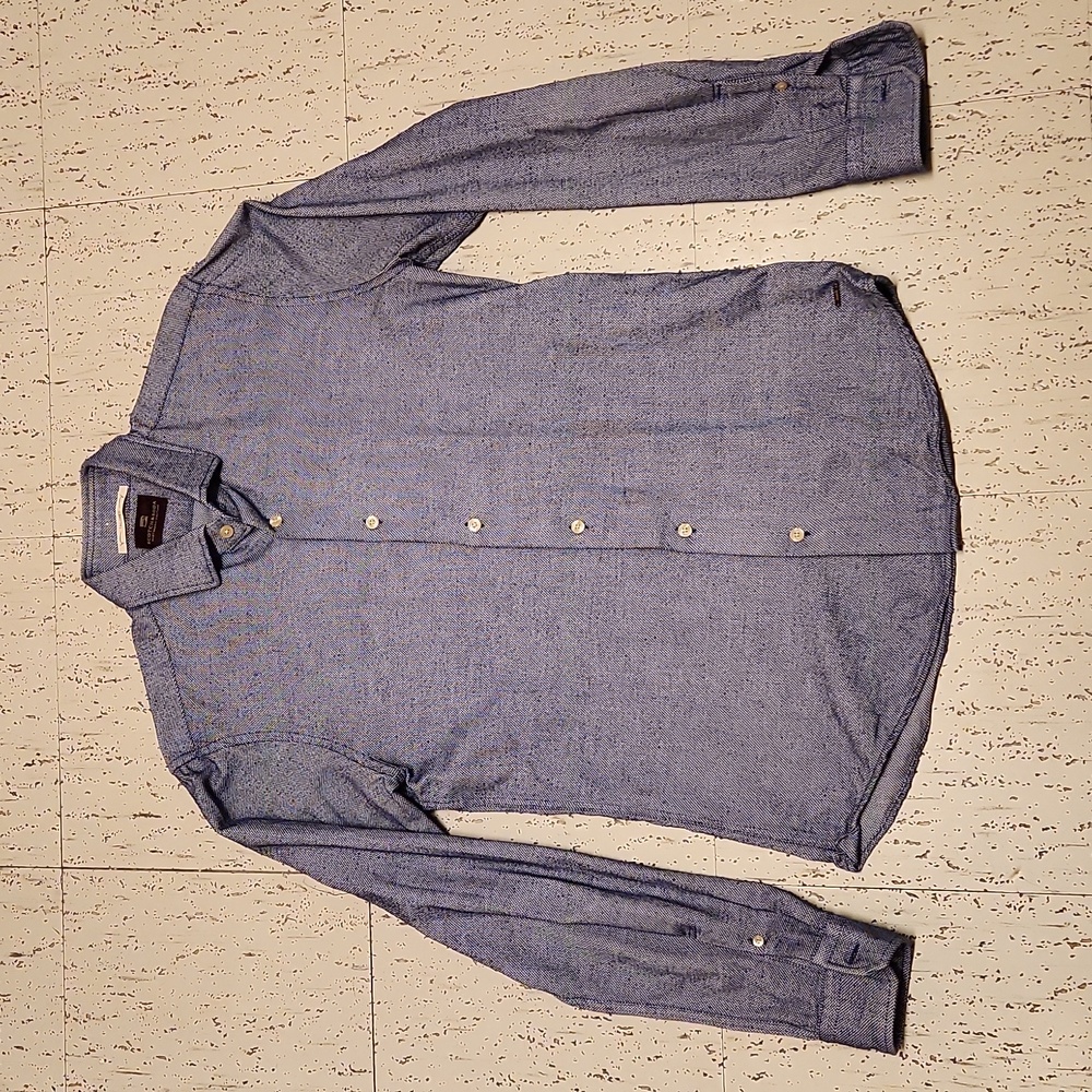 Scotch & Soda Blue And White Knit Long Sleeve Button Down Casual Dress Shirt